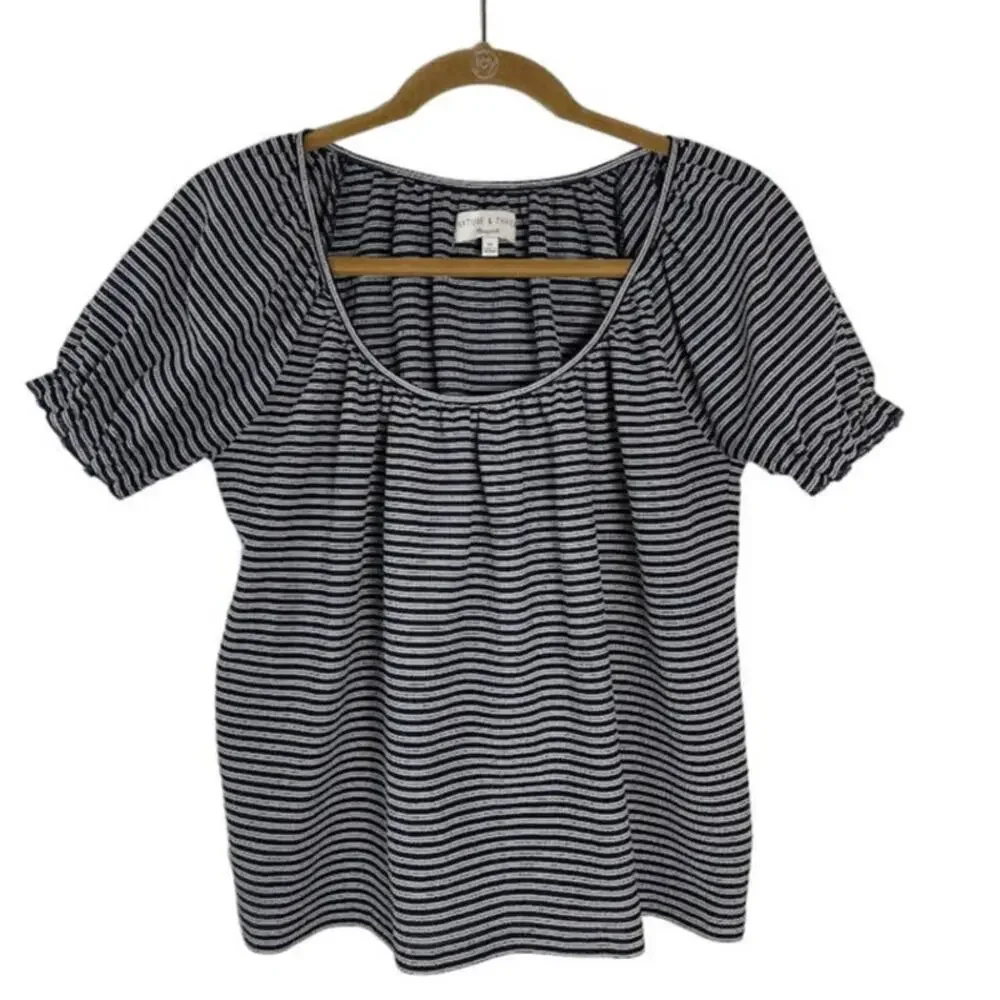 Madewell Top Womens Peasant Ruffle Blouse Short Puff Sleeve Striped Scoop Neck